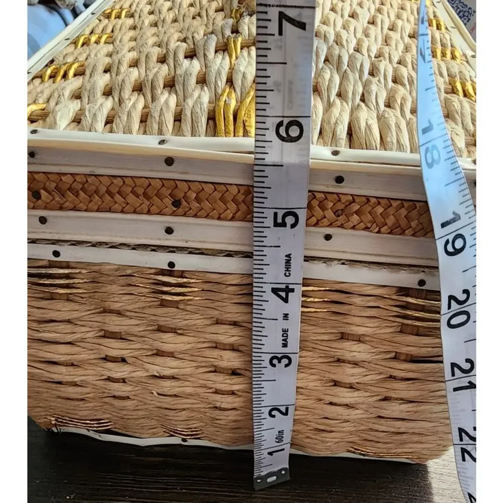 Vintage Natural Woven Fiber Woven Sewing Basket Lined Interior Box